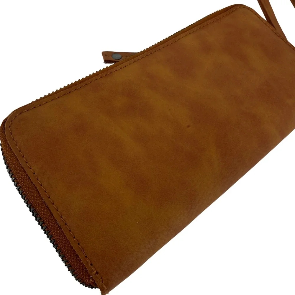 NWOT Free People Vegan Leather Wristlet Zip Wallet Cognac Brown Studded Boho‎